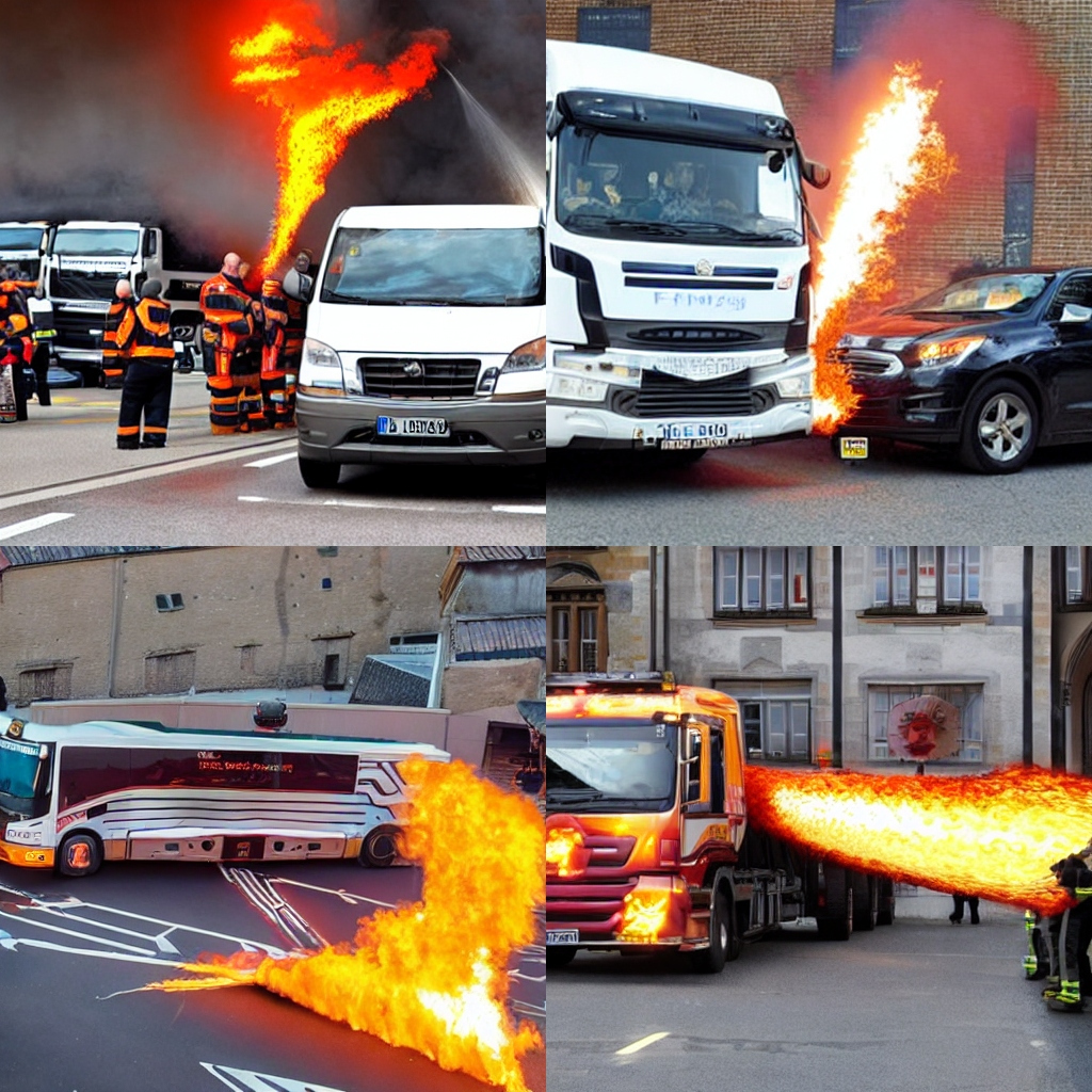 Fahrzeuge und Schuppen in Flammen
